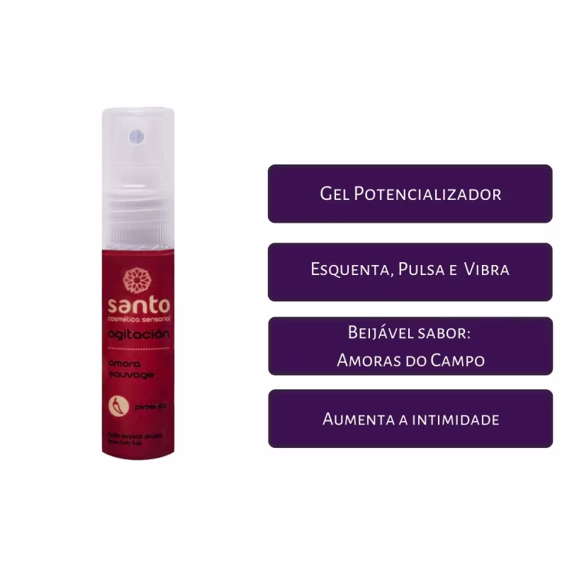 A imagem mostra o frasco do produto e quatro linhas de texto em caixas roxas que descrevem as propriedades do produto: "Gel Potencializador", "Esquenta, Pulsa e Vibra", "Beijável Sabor Amoras do Campo", "Aumenta a intimidade".