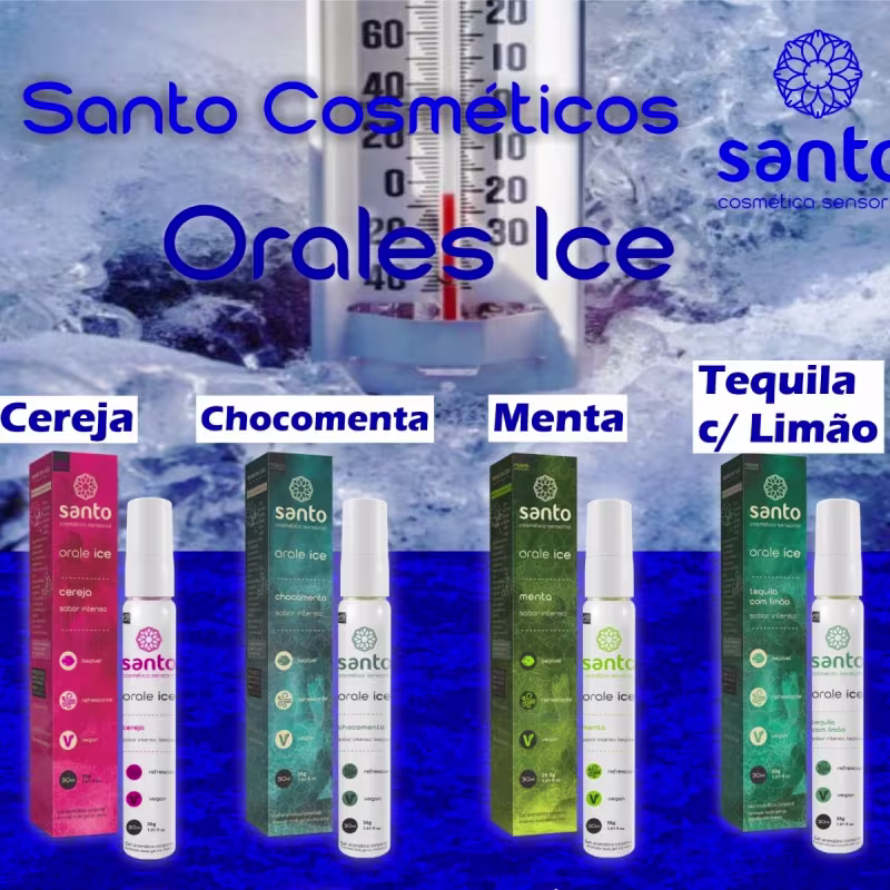 A imagem mostra a linha Orales Ice que é composta por quatro variantes: Cereja, Chocomenta, Menta e Tequila com Limão. Cada variante vem em um pequeno frasco cilíndrico com as cores correspondentes ao sabor: vermelho, azul, verde claro e verde escuro.