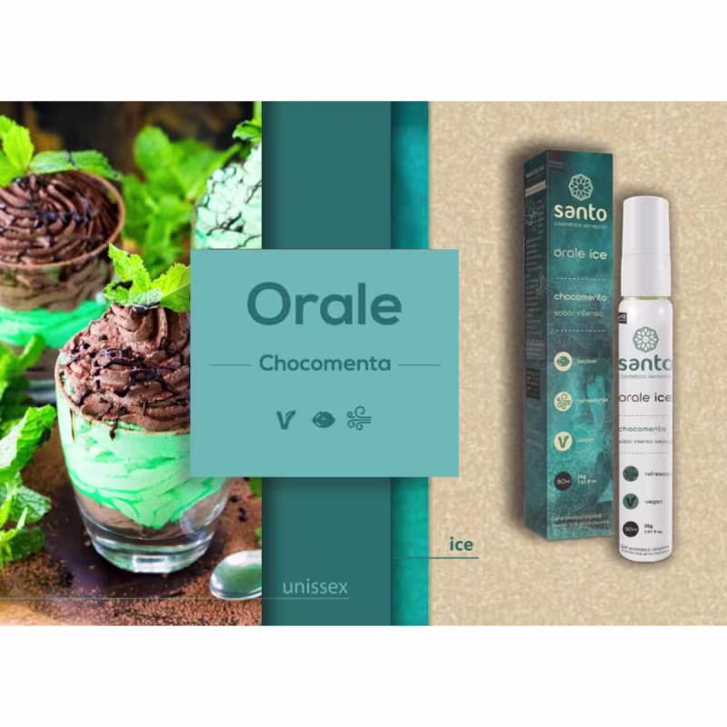 A imagem mostra o produto e sua caixa do lado direito, no centro a frase "orale chocomenta" em um quadrado verde e no canto esquerdo a imagem de uma sobremesa de brigadeiro e menta.