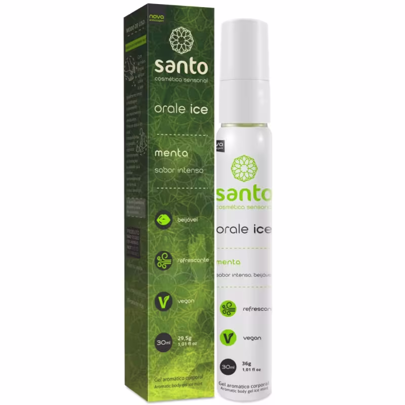 A imagem mostra o frasco do gel e a embalagem composta por uma caixa retangular de cor verde com detalhes em branco. A caixa apresenta informações como "sabor intenso", além de ícones indicando que é beijável, refrescante e vegano.