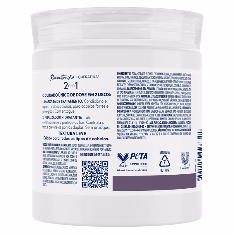 Máscara de Tratamento + Finalizador 2 em 1 Dove Reconstrução + Queratina 500g