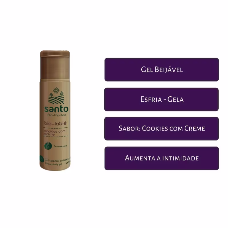 A imagem mostra o produto e ao lado há quatro linhas em caixas roxas com texto branco descrevendo os benefícios: "Gel Beijável ", "Sabor Cookis com Creme", "Aumenta a intimidade".