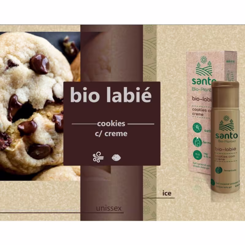 A imagem mostra o produto, a foto de um cookie e texto escrito "bio-labié cookies com creme" em letras marrons e brancas.