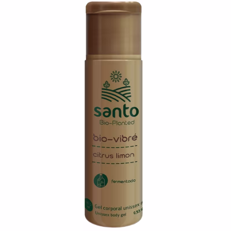 Gel corporal unissex Bio-Vibré da linha Bio-Planted da marca Santo Cosméticos. Embalagem cilíndrica de plástico dourado com detalhes em verde. Rótulo com o logotipo da marca exibindo um sol estilizado entre folhas.