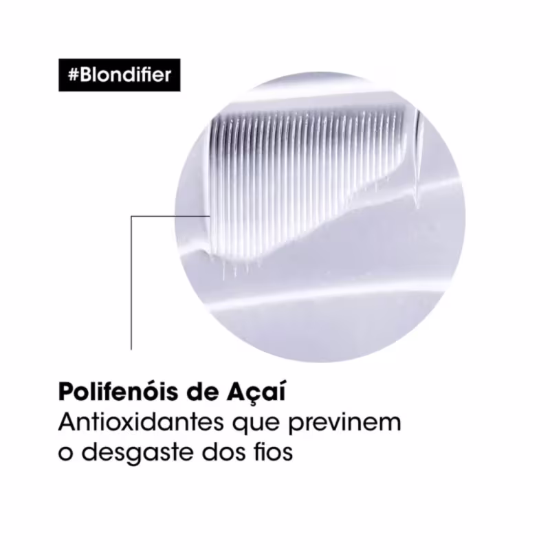 A imagem mostra dois produtos de cuidados capilares da linha L'Oréal Professionnel Blondifier Gloss. Um é um shampoo de 300ml. O outro é um tratamento condicionante em um pote plástico azul opaco de 250g, com rótulo branco e detalhes em preto.