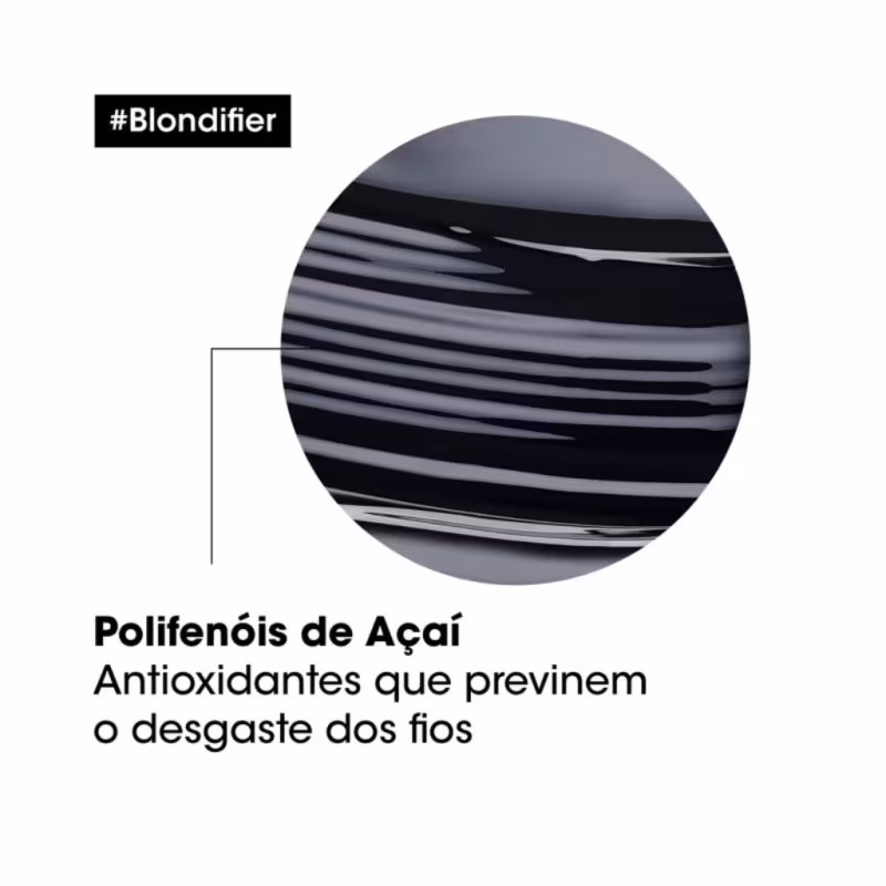 A imagem mostra dois produtos de cuidados capilares da linha L'Oréal Professionnel Blondifier Gloss. Um é um shampoo de 300ml. O outro é um tratamento condicionante em um pote plástico azul opaco de 250g, com rótulo branco e detalhes em preto.