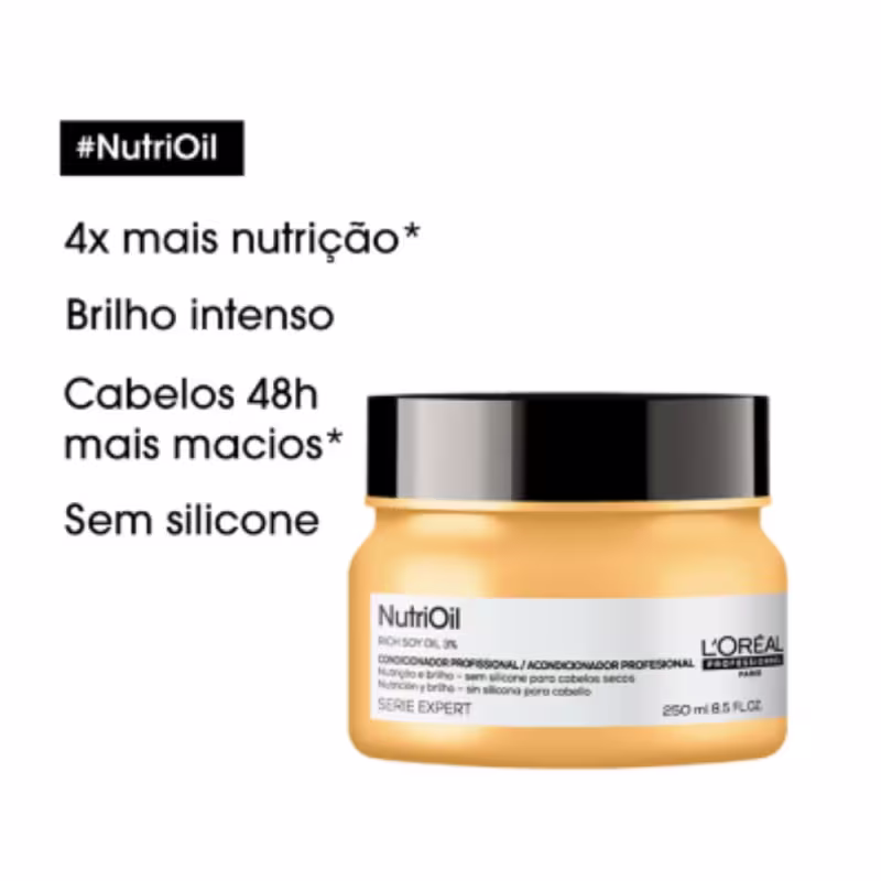 A imagem mostra a embalagem da máscara capilar e ao lado texto destaca benefícios.