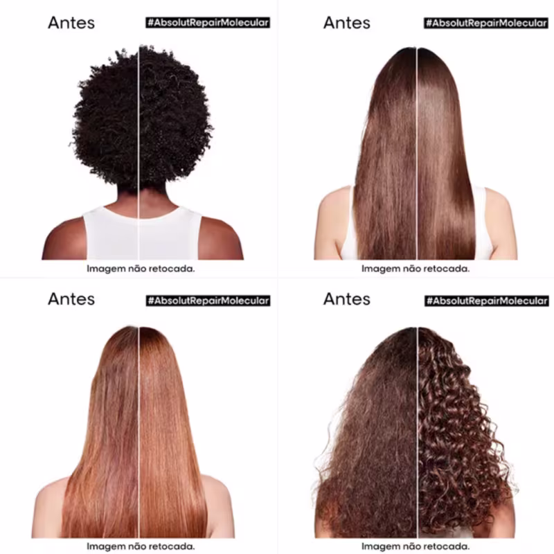 A imagem mostra 4 pessoas com diferentes tipos de cabelos, mostrando o antes e depois do uso dos produtos Absolut Repair Molecular.
