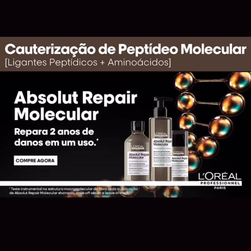 A imagem mostra um kit de produtos da linha e texto que destaca: Cauterização de Peptídeo Molecular, Repara 2 anos de danos em um uso.