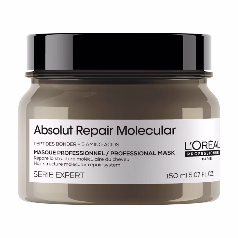 Frasco de máscara capilar da linha Absolut Repair Molecular da L'Oréal Professionnel, com 150 ml de capacidade. O produto é apresentado em embalagem de vidro escuro com tampa preta e rótulo branco destacando os principais benefícios e ingredientes.