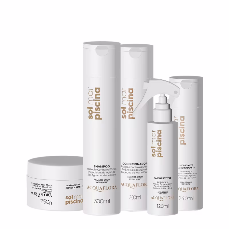 Produtos da linha Sol Mar Piscina da marca Acquaflora, incluindo shampoo, condicionador, fluido protetor e hidratante condicionante em embalagens brancas com detalhes em dourado.