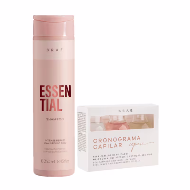 O produto de beleza Braé apresenta um frasco rosa de shampoo "Essential" e uma caixa branca com o rótulo "Cronograma Capilar", ambos com a marca Braé destacada.