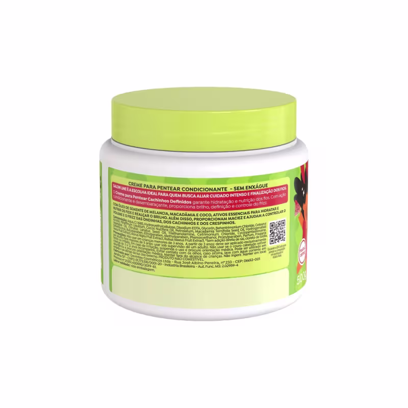 Verso da embalagem do Creme Para Pentear Melancia Kids Cachinhos Definidos 500g, da marca Salon Line, com informações gerais sobre o produto