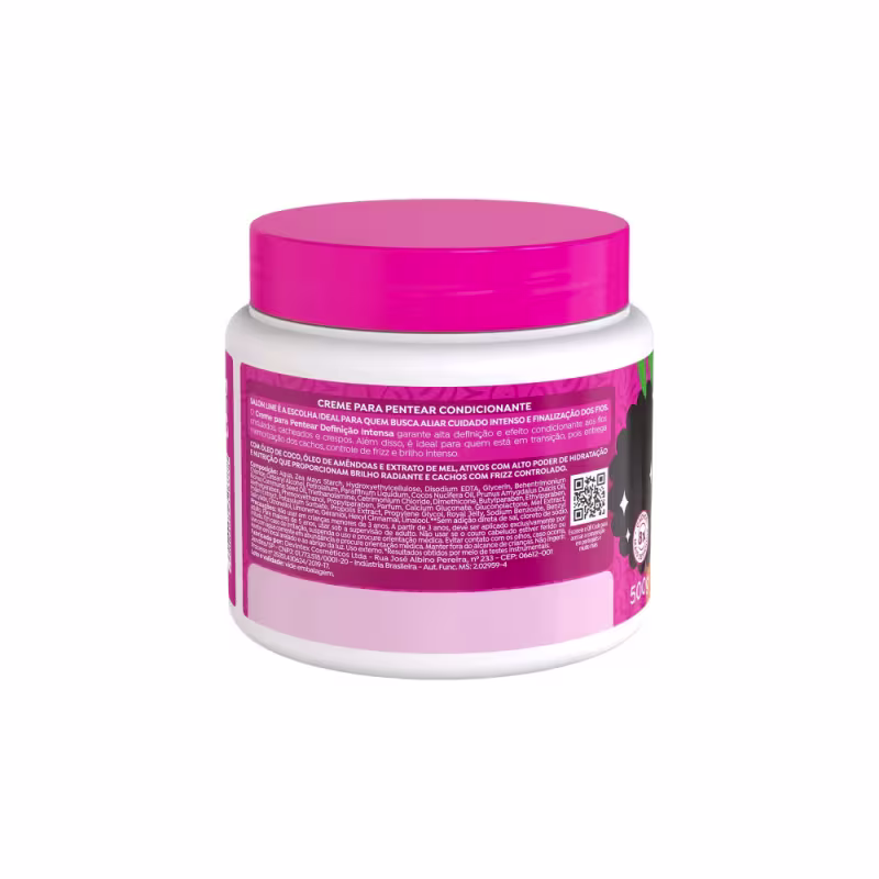Verso da embalagem do Creme de Pentear Salon Line Definição Intensa 500g, com indicação de uso, ingredientes e informações sobre o produto e marca