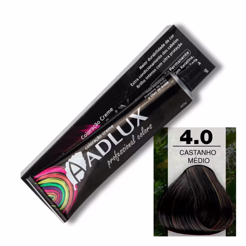 Coloração de cabelo da marca Adlux Cosméticos. O rótulo exibe o nome do produto "Adlux" em destaque, bem como informações sobre a tonalidade "4.0 Castanho Médio". A caixa contém o produto de coloração capilar, provavelmente em formato de creme.