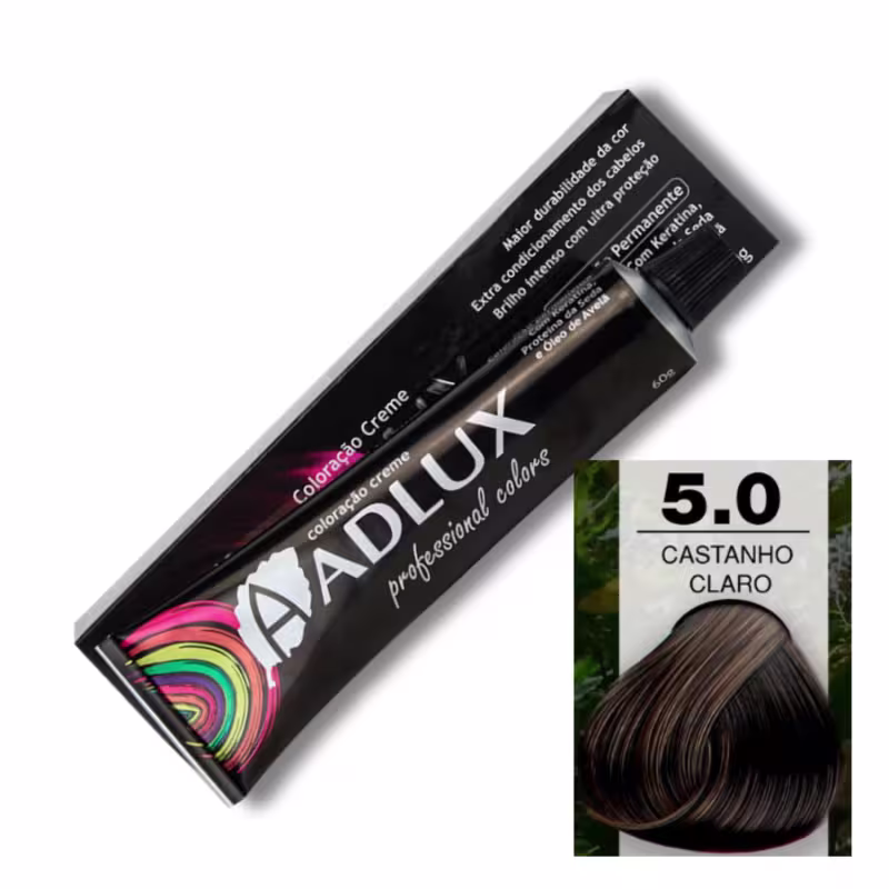 Caixa de coloração de cabelo da marca Adlux Cosméticos, com a tonalidade "Castanho Claro" indicada no rótulo.