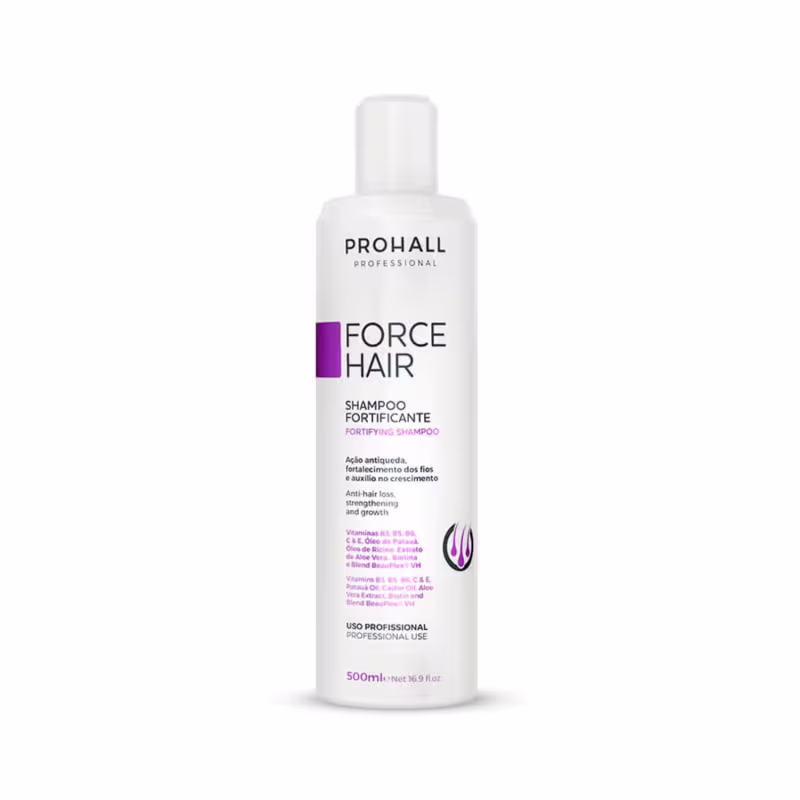 Shampoo da linha Force Hair da marca Prohall Professional. O rótulo destaca os benefícios do produto, como ação antiqueda, fortalecimento dos fios e auxílio no crescimento. Além disso, menciona a presença de vitaminas, óleos e extratos vegetais na fórmula