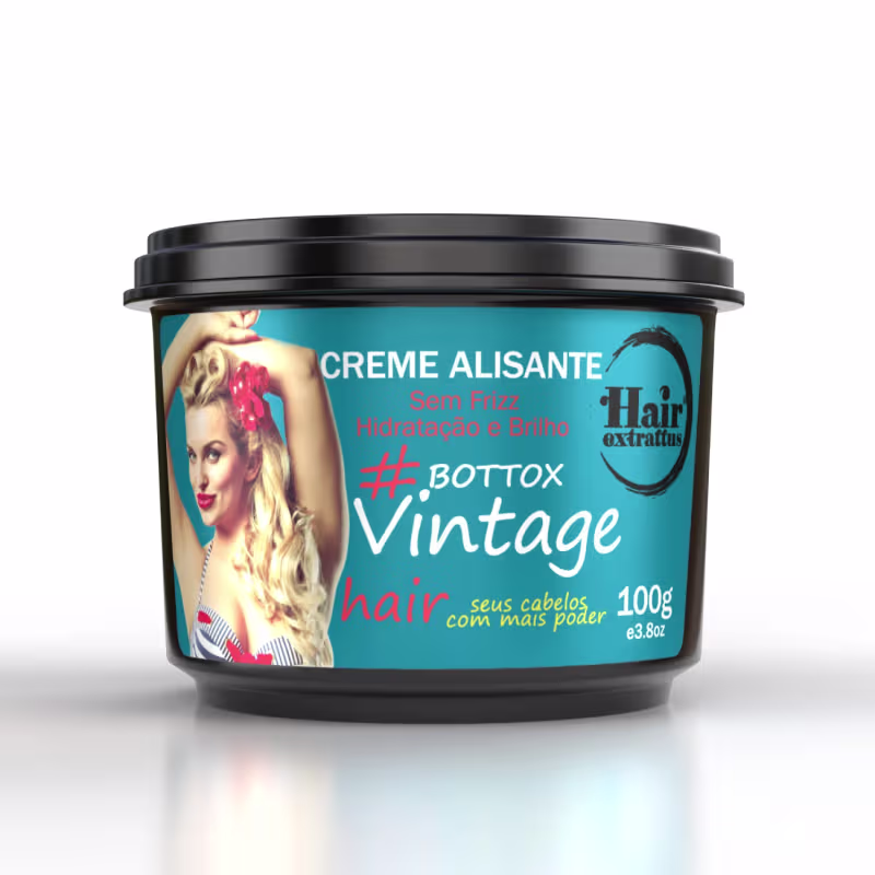 Creme alisante Hair Extrattus Bottox Vintage em embalagem preta e azul, com imagem de mulher loira e texto sobre hidratação e brilho dos cabelos.