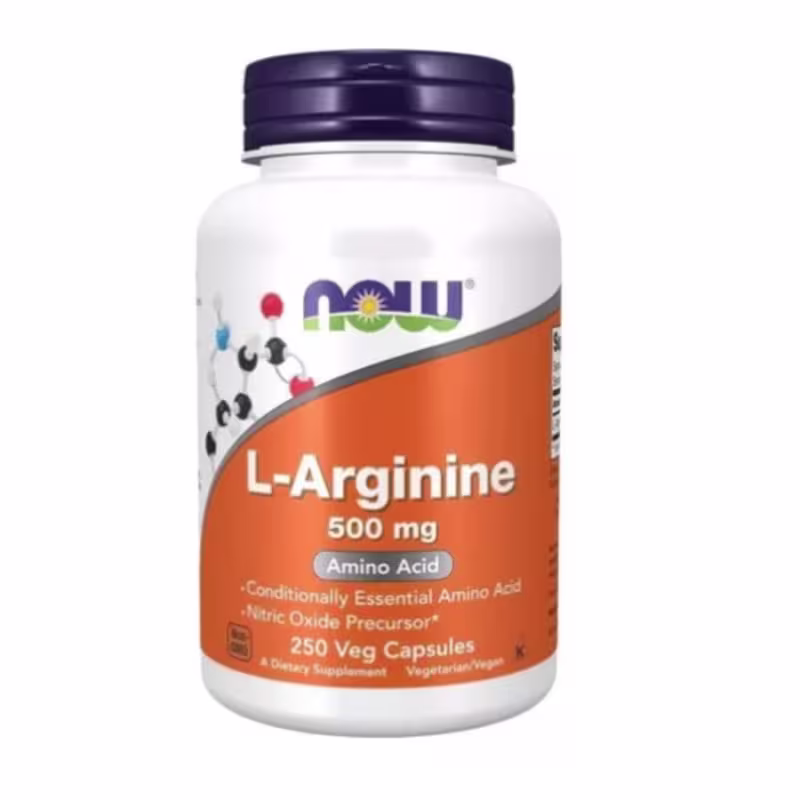 Este é um suplemento alimentar de L-Arginina da marca Now Foods. O produto vem em um pote branco com tampa roxa. A embalagem tem uma faixa laranja com o nome do produto "L-Arginine 500 mg" e a descrição "Amino Acid" e "Conditionally Essential Amino Acid".