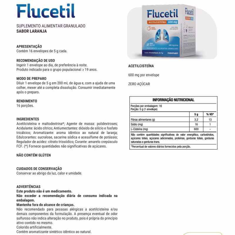 Kit 2 Flucetil Acetilcisteína Sachê Granulado 16x5g Sabor Laranja Maxinutri