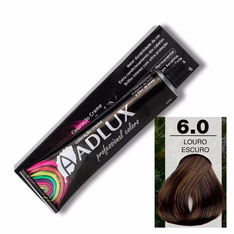 Coloração de cabelo da marca Adlux Cosméticos. Há informações sobre o tipo de coloração, indicando que se trata de uma "Coloração Creme" com "Brilho Intenso com Ultra Proteção". A embalagem exibe o número "6.0" que corresponde à tonalidade "Louro Escuro"