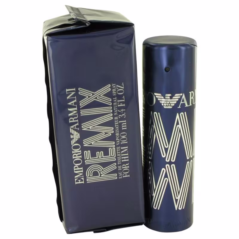 O produto apresentado é um perfume masculino da marca Giorgio Armani. Consiste em um frasco cilíndrico de vidro azul marinho com detalhes geométricos na cor dourada.