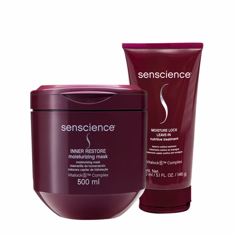 Dois produtos da marca Senscience: um pote de máscara hidratante Inner Restore de 500 ml e um tubo de tratamento leave-in Moisture Lock, ambos em embalagens de cor vinho com detalhes em branco.