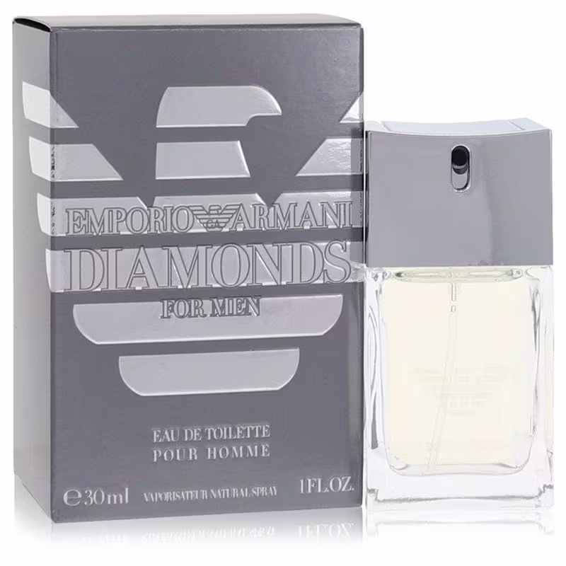 Perfume masculino Emporio Armani Diamonds for Men. Embalagem composta por uma caixa retangular cinza com o logotipo e nome do produto em letras brancas. Frasco de vidro transparente contendo o líquido incolor do perfume.