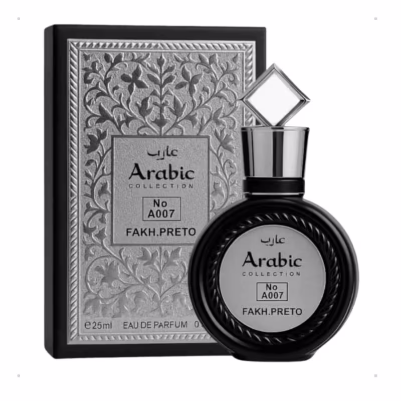 Frasco de perfume preto da coleção árabe da Lattafa Perfumes, com caixa decorativa prateada e preta. O produto é identificado como "No A007 FAKH.PRETO" e contém 25ml de eau de parfum.