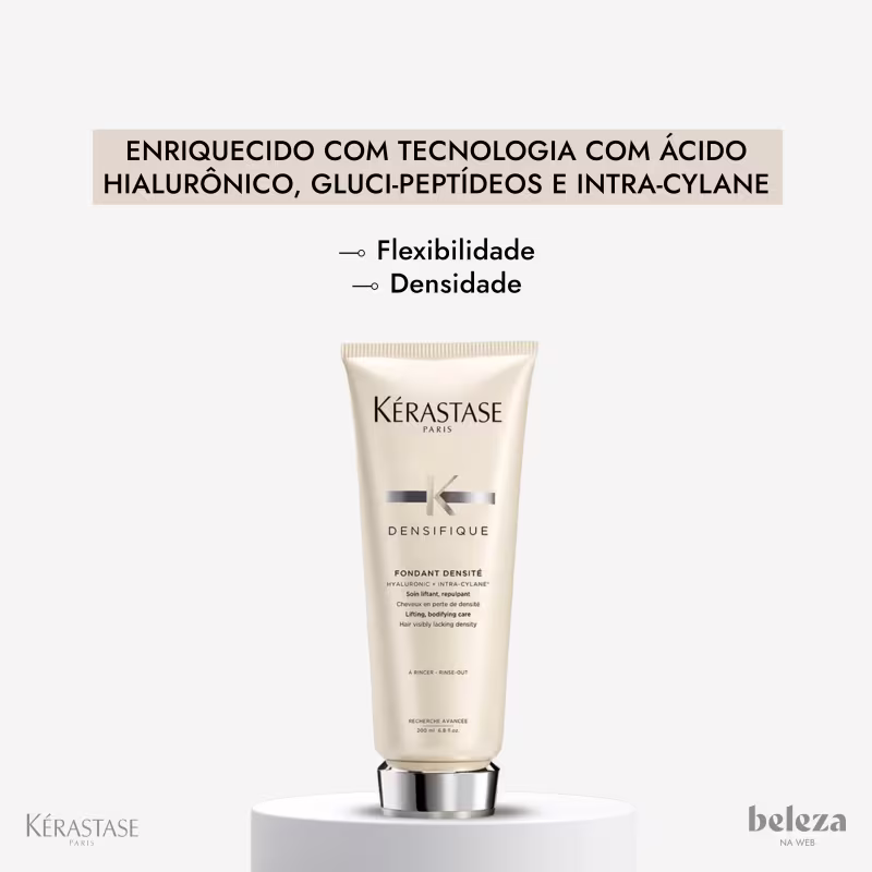 Embalagem de produto para cabelos da marca Kérastase com texto "Enriquecido com tecnologia com ácido hialurônico, glúci-peptídeos e intra-cylane" e "Flexibilidade, Densidade".