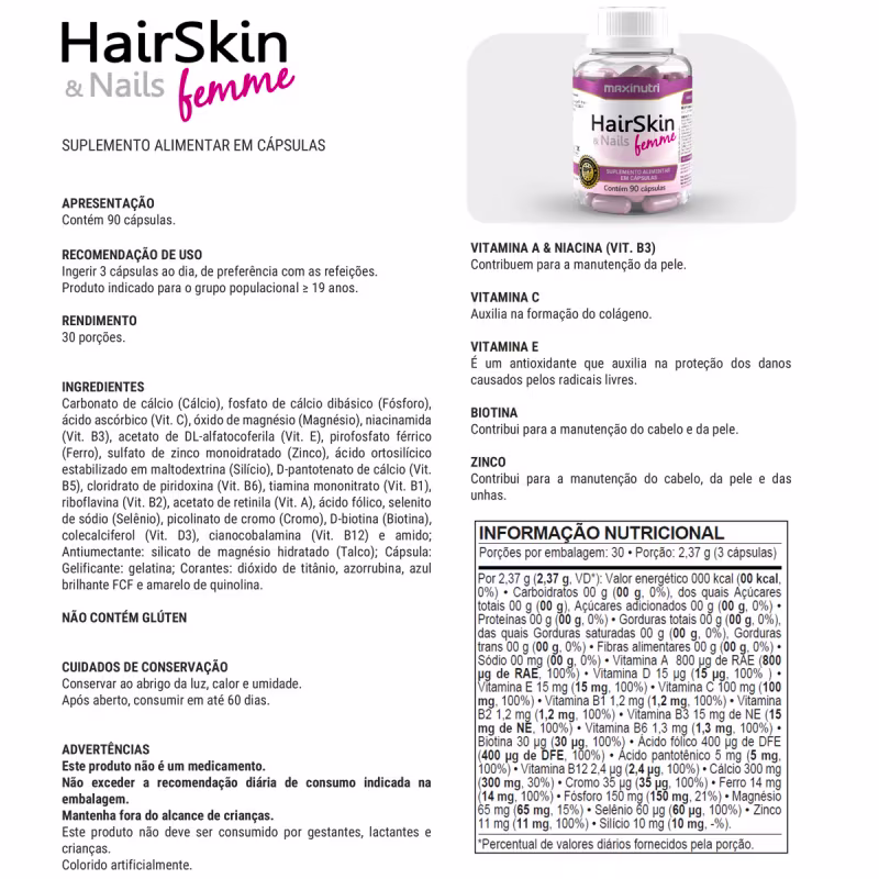 Kit 03 HairSkin Femme Biotina e Minerais Maxinutri 90 Caps