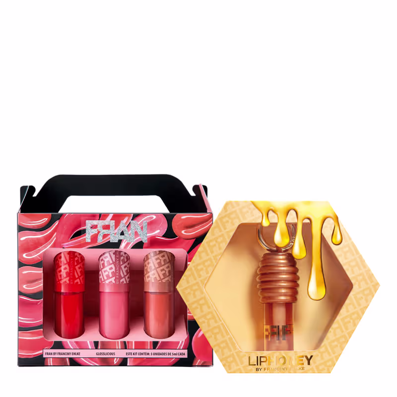 Conjunto de 3 batons líquidos em embalagem vermelha com estampa camuflada da marca Fran by Franciny Ehlke, acompanhado de um frasco de mel com aplicador em embalagem amarela da marca Lip Honey by Franciny Ehlke.