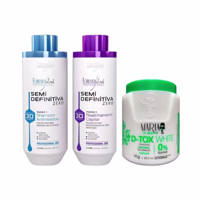 Forever Liss Semi Definitiva Zero Kit Escova 2x1L + Maria Escandalosa D-Tox White Sem Formol 1kg