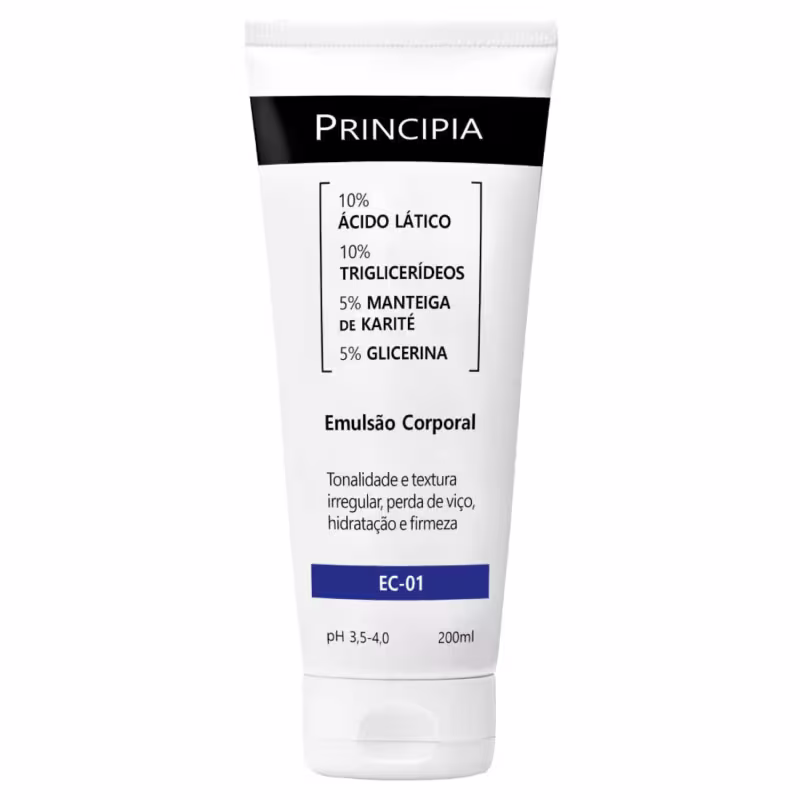 Emulsão corporal Principia em tubo branco e preto, com informações sobre os ingredientes e características do produto, como 10% de ácido lático, 10% de triglicerídeos, 5% de manteiga de karité e 5% de glicerina.