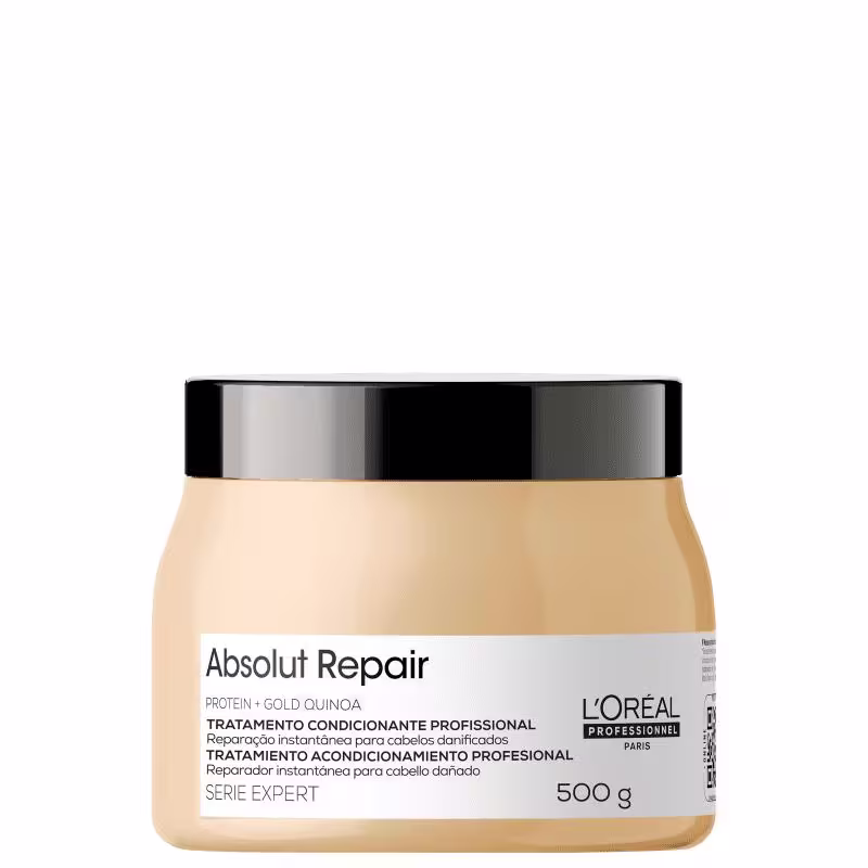 Este é um tratamento condicionante profissional da linha Serie Expert da L'Oréal Professionnel. O produto vem em um pote plástico opaco de cor bege claro com uma tampa preta brilhante.