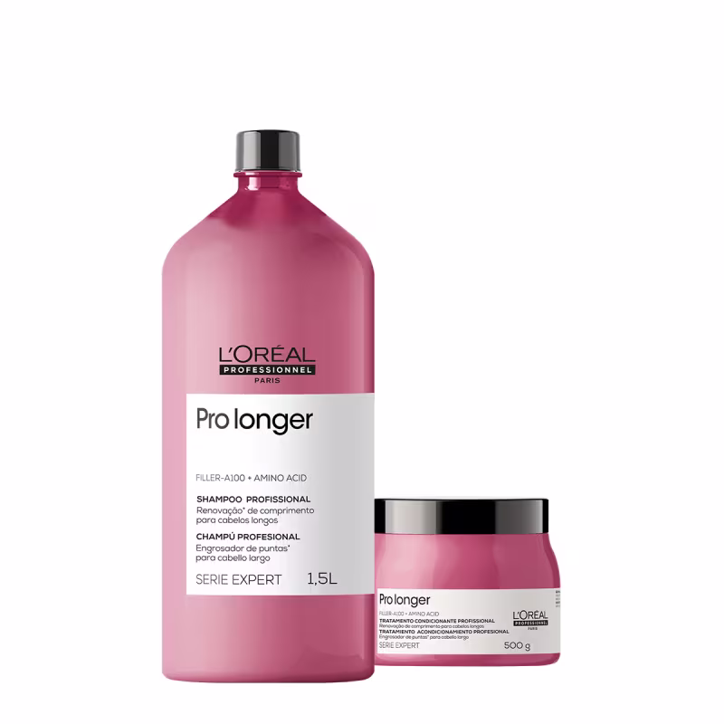 O produto L'Oréal Professionnel apresenta um frasco rosa de 1,5L de shampoo Pro Longer e um pote rosa de 500g de tratamento condicionante Pro Longer, ambos com rótulos indicando a linha Serie Expert.