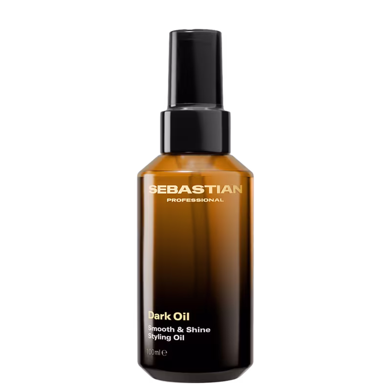 Frasco de óleo escuro da marca Sebastian Professional, com rótulo em preto e dourado, contendo "Dark Oil Smooth & Shine Styling Oil" como descrição do produto.