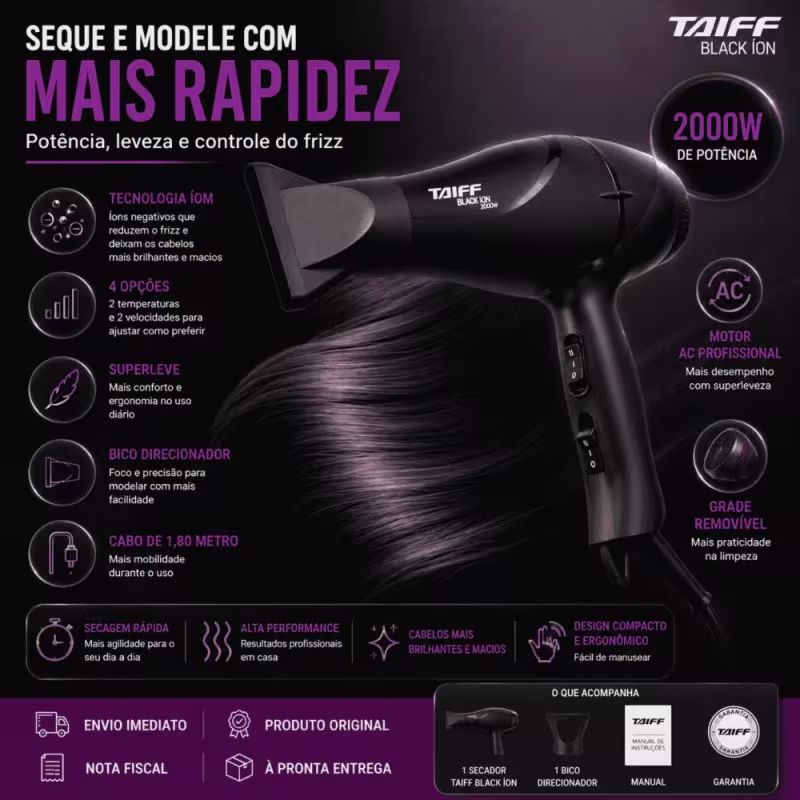Secador Taiff Black Íon 2000W 220V Antifrizz Profissional
