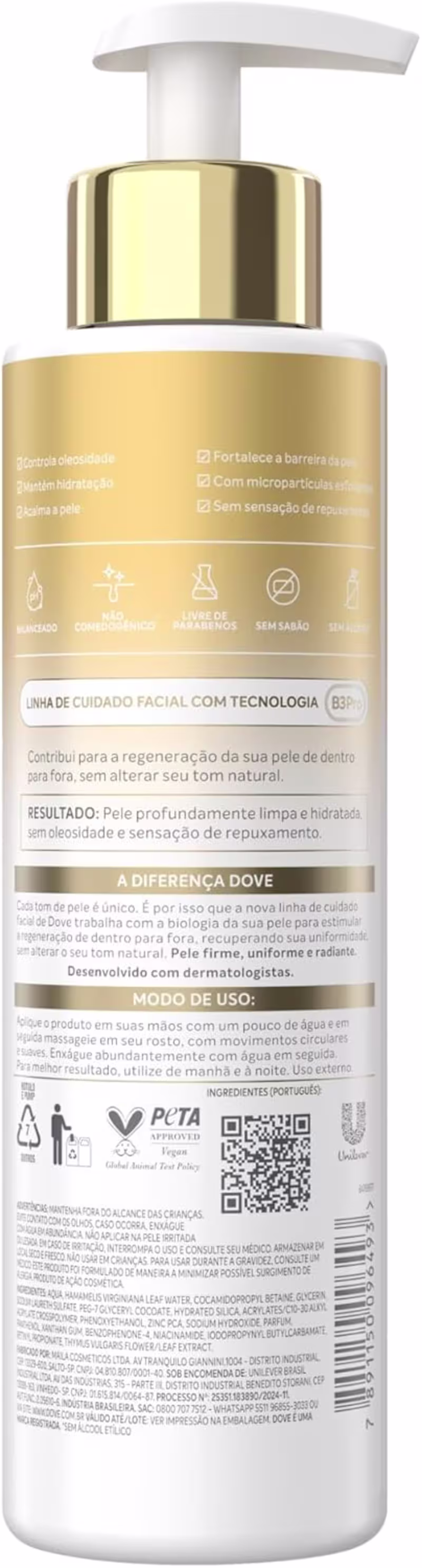 Dove Regenerative Gel de Limpeza Facial 300ml – Purifica & Equilibra, Controle de Oleosidade