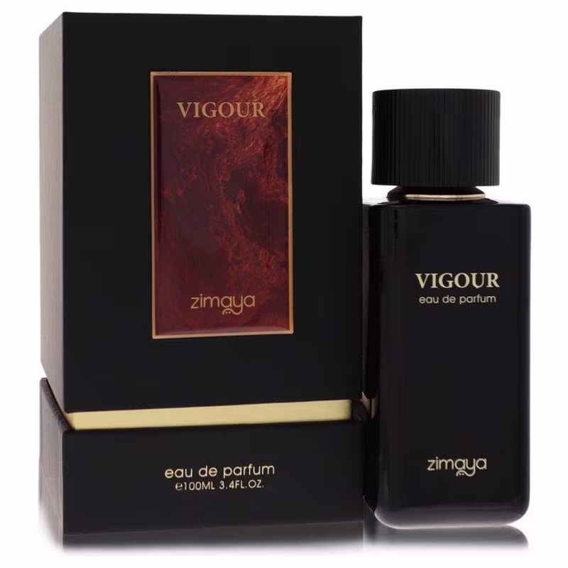 Frasco de perfume Vigour da marca Zimgya, com embalagem preta e dourada. O rótulo exibe o nome do produto "Vigour" em letras douradas. O frasco possui formato retangular e tampa preta.