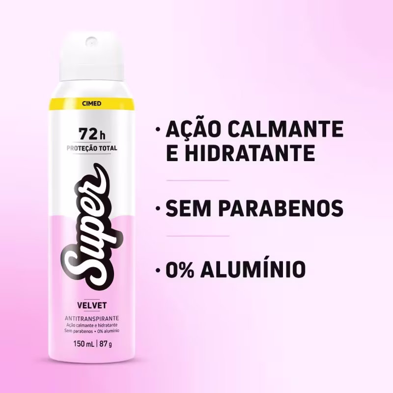 Desodorante Antitranspirante Super 72h Protecao Total Velvet Feminino Acao Calmante e Hidratacao 0% Aluminio Sem Parabenos 150ml Cimed