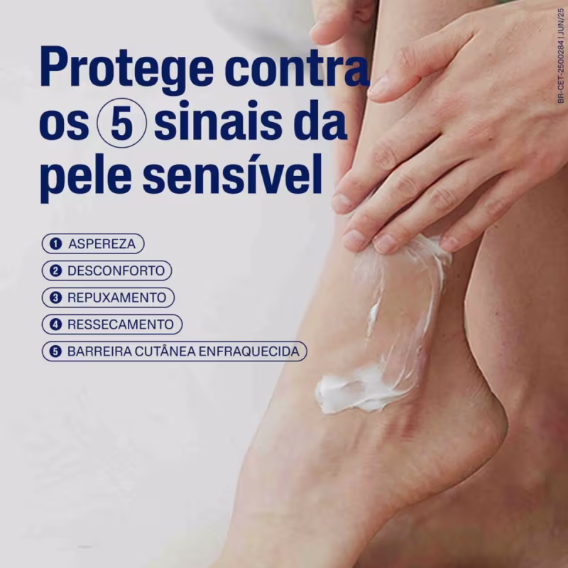 Protege contra os 5 sinais da pele sensível: 1. Aspereza, 2. Desconforto, 3. Repuxamento, 4. Ressecamento, 5. Barreira cutânea enfraquecida.