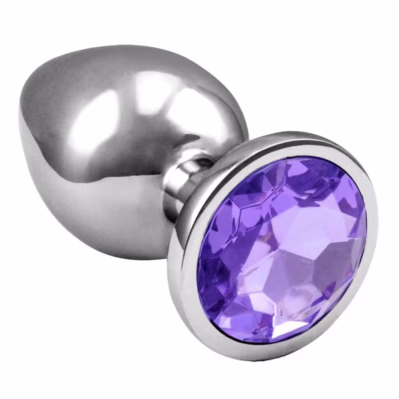 Plug anal de metal com gema de cristal violeta, embalagem prateada, produto da marca Sexy Import.