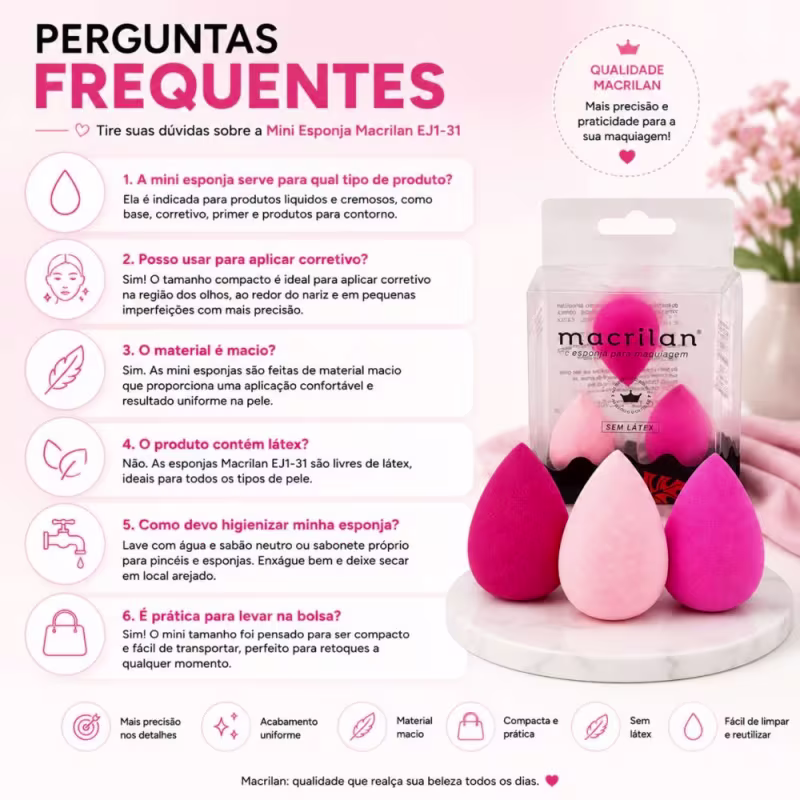 Kit Esponjas Para Maquiagem Mini Macrilan EJ1-31 Rosa