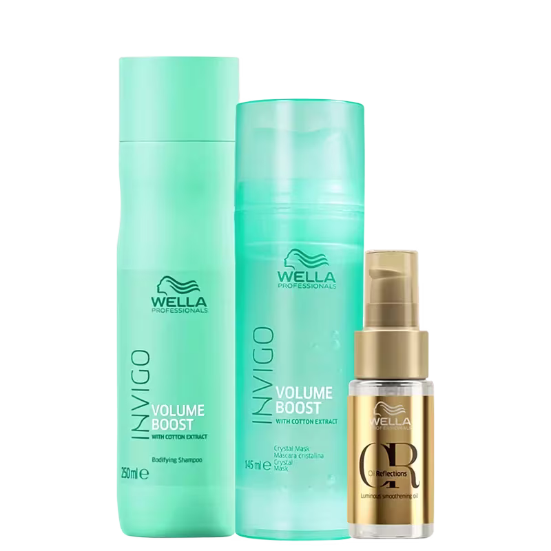 Kit Wella Professionals Invigo Volume Boost + Oil Reflections Trio Care, 3 produtos.