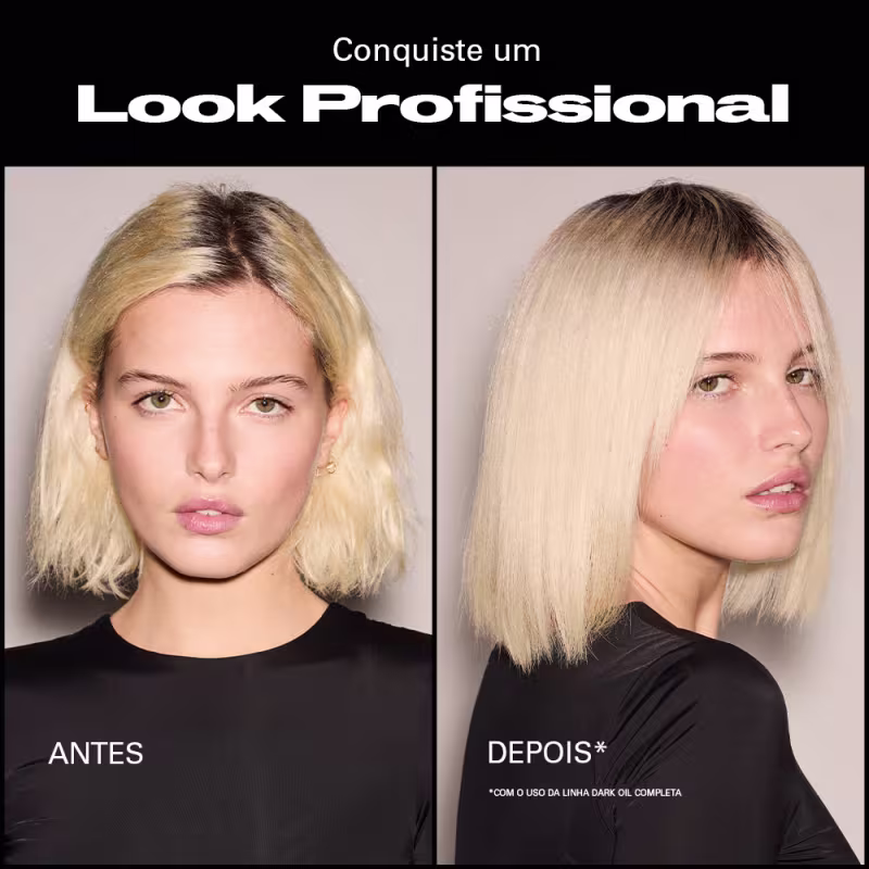 Conquiste um Look Profissional. ANTES: Mulher com cabelo loiro desalinhado. DEPOIS: Mulher com cabelo loiro liso e alinhado, com o uso da linha Dark Oil completa.