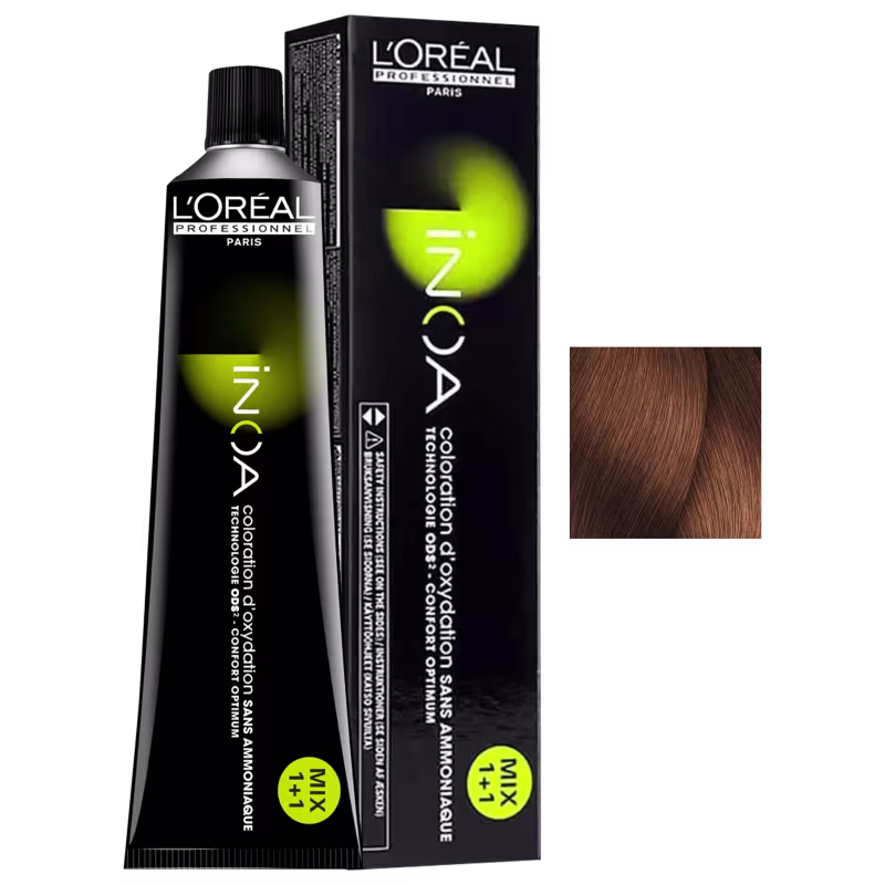 Tubo de tinta para cabelo da marca L'Oréal Professionnel Paris, com embalagem preta e verde. Rótulo com o nome da marca e informações sobre a tonalidade da cor. 
