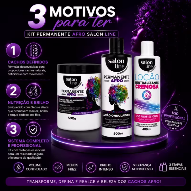 Kit Salon Line Permanente Afro: Loção Onduladora 500ml, Creme De Relaxamento 500g e Loção Neutralizante Cremosa 480ml