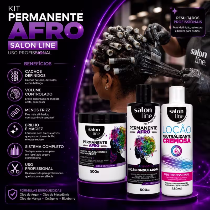 Kit Salon Line Permanente Afro: Loção Onduladora 500ml, Creme De Relaxamento 500g e Loção Neutralizante Cremosa 480ml