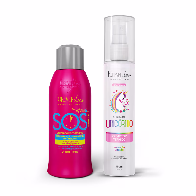 Dois produtos da linha Forever Liss Professional: um frasco rosa com rótulo "SOS antiemborrachamento" e um frasco branco com rótulo "Magia de Unicórnio - Protetor Térmico", ambos com embalagens e rótulos característicos da marca.